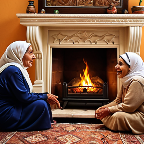 Home 15 **
A warmly lit interior scene. An elderly Arab grandmother (a "جدتي") sits by a traditional fireplace, surrounded by grandchildren. She gestures animatedly as she tells them stories. Emphasize the cozy, familial atmosphere.
**