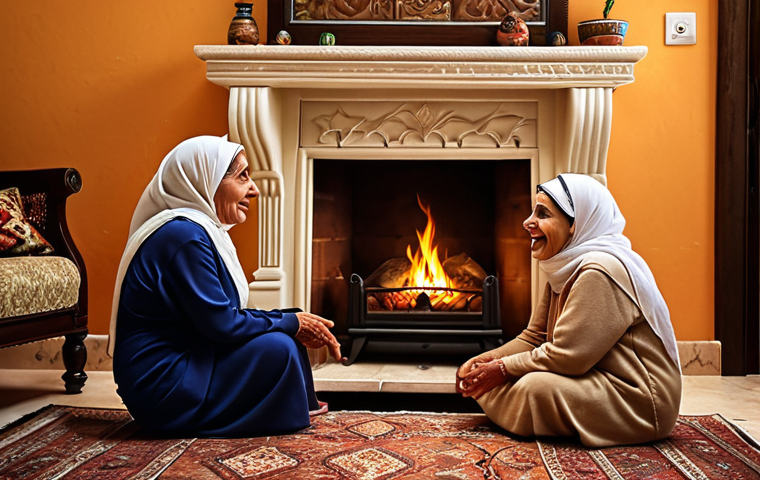 **
A warmly lit interior scene. An elderly Arab grandmother (a "جدتي") sits by a traditional fireplace, surrounded by grandchildren. She gestures animatedly as she tells them stories. Emphasize the cozy, familial atmosphere.
**