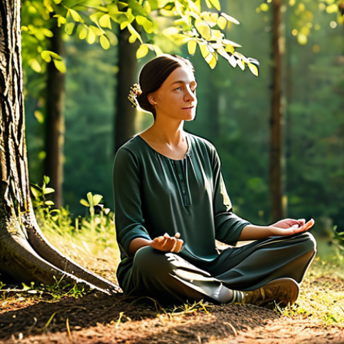 Home 14 A calm, contemplative person in a modest, earth-toned tunic and comfortable trousers, sitting in a natural, serene forest clearing at dawn. The person is in a meditative pose, with perfect anatomy and natural proportions, well-formed hands resting gently. Soft, warm sunlight filters through the trees, illuminating the peaceful environment. The overall scene conveys inner peace and connection with nature. This image is safe for work, appropriate content, fully clothed, and family-friendly, rendered with professional photography and high quality.
