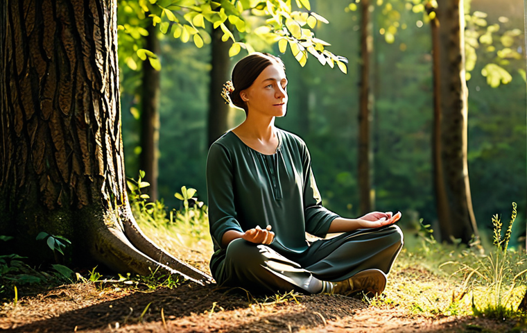 A calm, contemplative person in a modest, earth-toned tunic and comfortable trousers, sitting in a natural, serene forest clearing at dawn. The person is in a meditative pose, with perfect anatomy and natural proportions, well-formed hands resting gently. Soft, warm sunlight filters through the trees, illuminating the peaceful environment. The overall scene conveys inner peace and connection with nature. This image is safe for work, appropriate content, fully clothed, and family-friendly, rendered with professional photography and high quality.