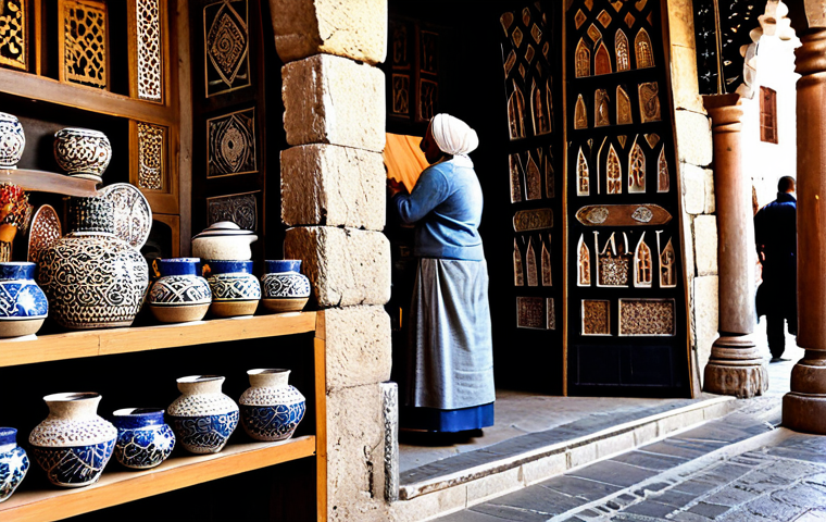A person, fully clothed in modest, culturally appropriate attire, respectfully observing intricate handcrafted pottery and woven textiles at a traditional artisan's stall. The setting is a historical old city souk, with ancient stone architecture, narrow, sun-dappled alleyways, and a serene, authentic atmosphere. Focus on detailed craftsmanship and the rich cultural tapestry. Perfect anatomy, correct proportions, natural pose, well-formed hands, proper finger count. Professional photography, high detail, realistic, volumetric lighting. Safe for work, appropriate content, fully clothed, professional dress, family-friendly.