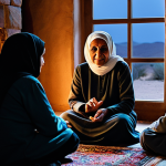 The Storyteller**

"An elderly Arab woman, fully clothed in traditional modest clothing, sitting by a warm hearth in a cozy, dimly lit room. She's surrounded by children, all listening intently. Her face is kind and expressive as she gestures with her hands, narrating a tale. Include details like a worn rug, simple furnishings, and perhaps a glimpse of the desert night through a window. Safe for work, appropriate content, family-friendly. Perfect anatomy, correct proportions, natural pose, well-formed hands, proper finger count, natural body proportions, professional photography, high quality."

**