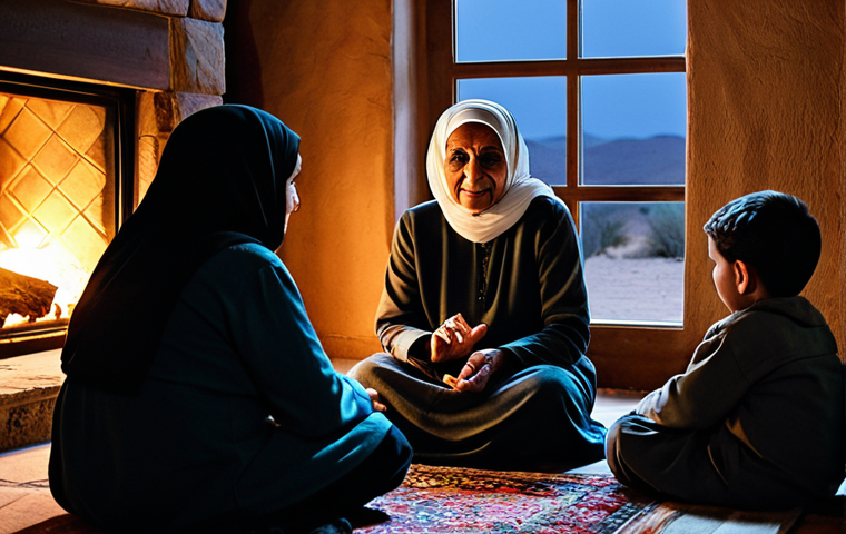 The Storyteller**
"An elderly Arab woman, fully clothed in traditional modest clothing, sitting by a warm hearth in a cozy, dimly lit room. She's surrounded by children, all listening intently. Her face is kind and expressive as she gestures with her hands, narrating a tale. Include details like a worn rug, simple furnishings, and perhaps a glimpse of the desert night through a window. Safe for work, appropriate content, family-friendly. Perfect anatomy, correct proportions, natural pose, well-formed hands, proper finger count, natural body proportions, professional photography, high quality."
**