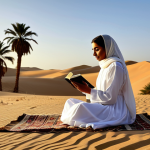 Peaceful Oasis**

"A serene scene of a fully clothed woman in modest, traditional Arabic clothing, sitting peacefully by a clear oasis in the desert at sunset.  She is reading a book.  Palm trees and sand dunes in the background.  Safe for work, appropriate content, family-friendly, perfect anatomy, natural pose, golden hour lighting, professional photography, high resolution."

**