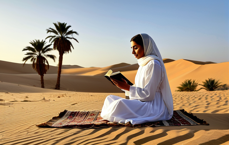 Peaceful Oasis**

"A serene scene of a fully clothed woman in modest, traditional Arabic clothing, sitting peacefully by a clear oasis in the desert at sunset.  She is reading a book.  Palm trees and sand dunes in the background.  Safe for work, appropriate content, family-friendly, perfect anatomy, natural pose, golden hour lighting, professional photography, high resolution."

**