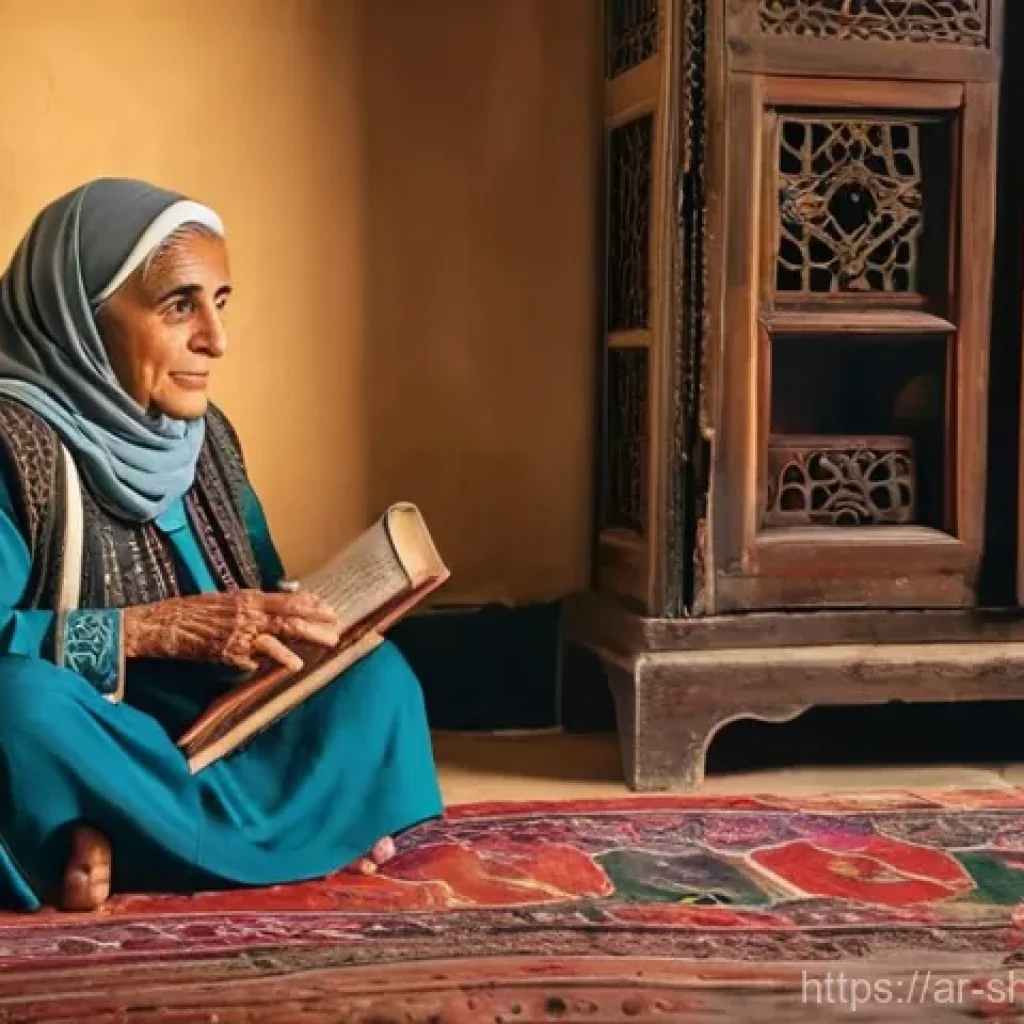 무속과 윤리적 논란 - A serene and wise elderly Arab grandmother, wearing a modest, beautifully embroidered traditional dr...