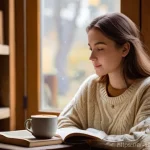 Home 22 무속과 종교적 관점의 차이 - **Prompt: Cozy Autumn Bookstore Cafe Scene**
"A young woman, approximately 20-25 years old, with...