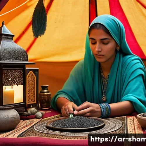 Home 31 무속인들의 지역별 특징 - A traditional Arab fortune teller in a rural setting, wearing modest traditional clothing, surrounde...