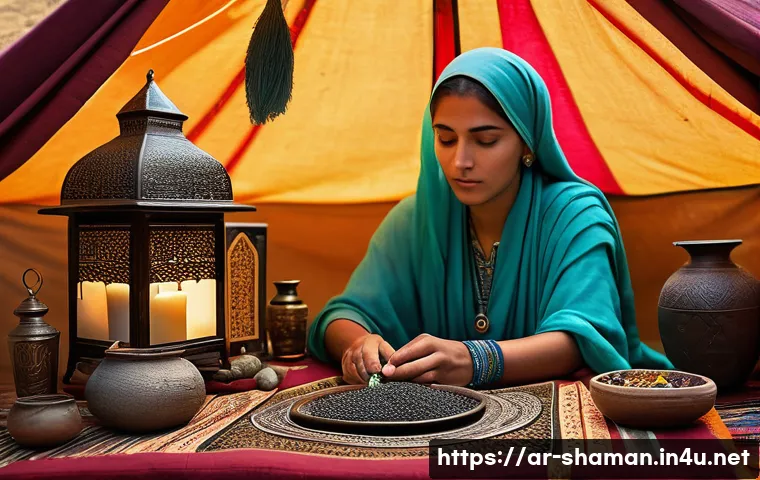 무속인들의 지역별 특징 - A traditional Arab fortune teller in a rural setting, wearing modest traditional clothing, surrounde...