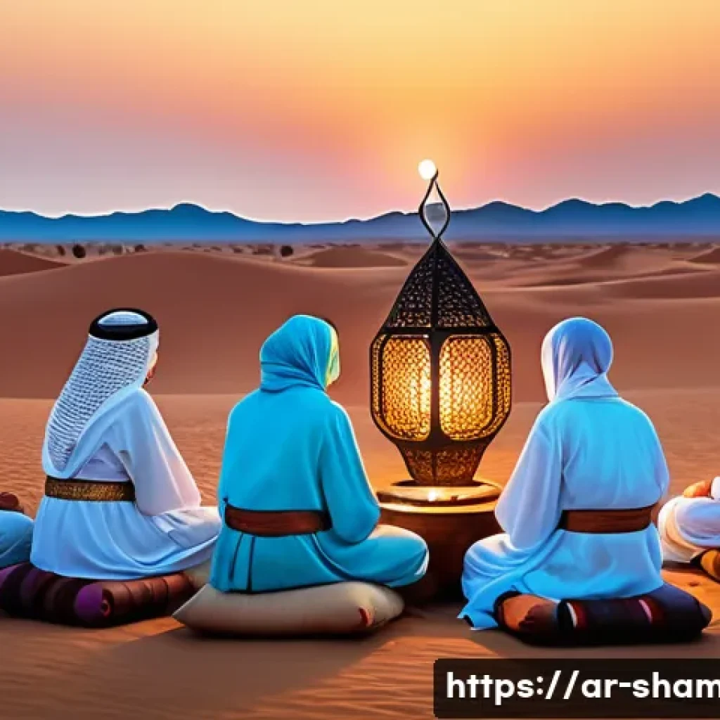 무속에서 사용하는 악기 - A serene spiritual ritual scene set in a traditional Middle Eastern desert environment at dusk, feat...