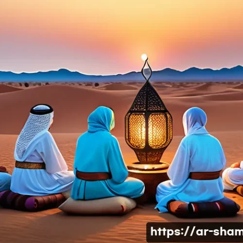 Home 30 무속에서 사용하는 악기 - A serene spiritual ritual scene set in a traditional Middle Eastern desert environment at dusk, feat...