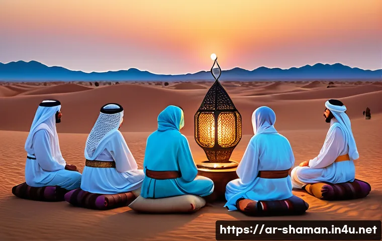 무속에서 사용하는 악기 - A serene spiritual ritual scene set in a traditional Middle Eastern desert environment at dusk, feat...