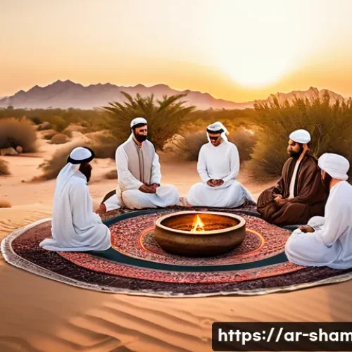 Home 17 무속 신앙의 철학적 의미 - A serene Middle Eastern spiritual gathering in a desert oasis at sunset, featuring a diverse group o...