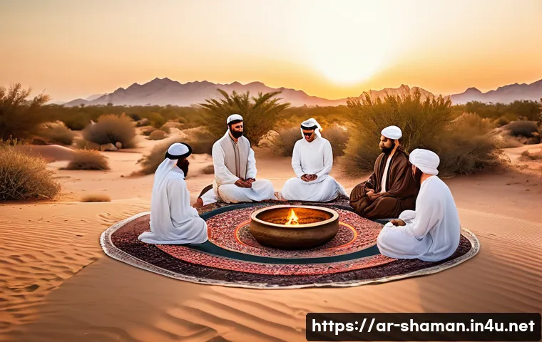 무속 신앙의 철학적 의미 - A serene Middle Eastern spiritual gathering in a desert oasis at sunset, featuring a diverse group o...