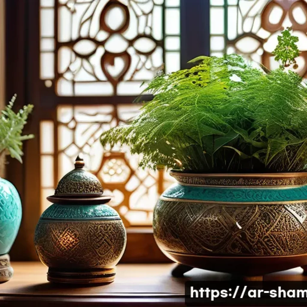 무속에서 재물운을 올리는 법 - A serene, sunlit room with soft natural light filtering through ornate Arabic-style windows, featuri...