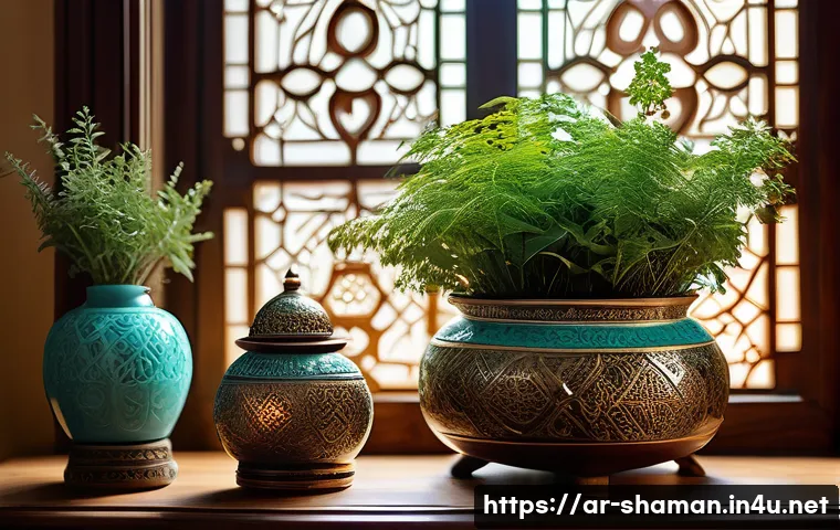 무속에서 재물운을 올리는 법 - A serene, sunlit room with soft natural light filtering through ornate Arabic-style windows, featuri...