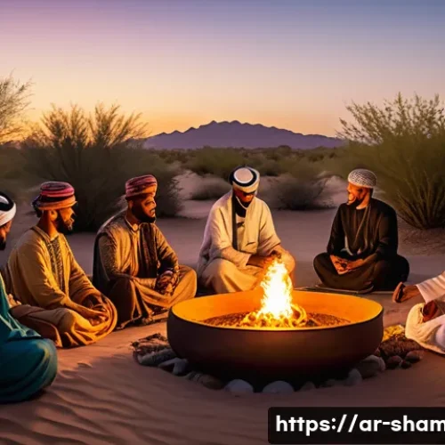 무속 신앙을 다룬 문학 작품 - A detailed scene of an Arabic cultural spiritual ritual taking place at dusk in a desert oasis, feat...