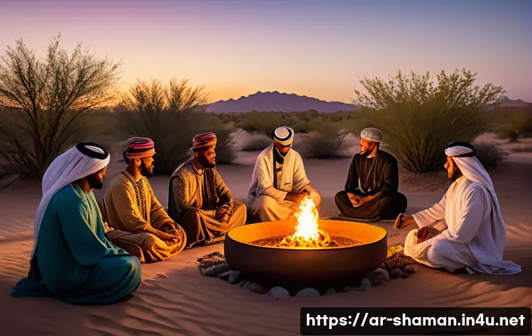 무속 신앙을 다룬 문학 작품 - A detailed scene of an Arabic cultural spiritual ritual taking place at dusk in a desert oasis, feat...