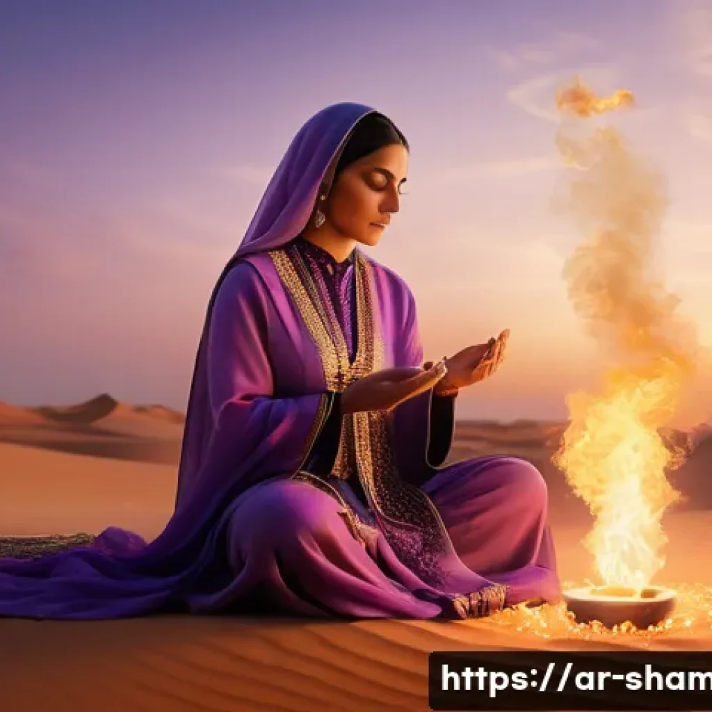 무속 신앙을 가르치는 책 - A serene Middle Eastern woman in traditional modest attire performing a spiritual ritual at sunset i...