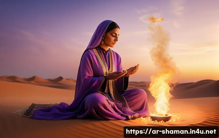 무속 신앙을 가르치는 책 - A serene Middle Eastern woman in traditional modest attire performing a spiritual ritual at sunset i...