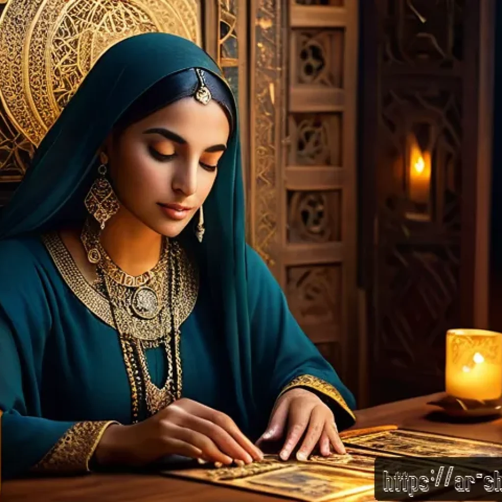 무속 점사와 타로 카드 비교 - A mystical scene featuring a Middle Eastern woman wearing elegant traditional attire, seated at an a...