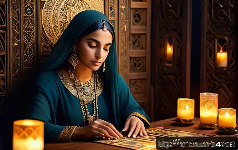 무속 점사와 타로 카드 비교 - A mystical scene featuring a Middle Eastern woman wearing elegant traditional attire, seated at an a...