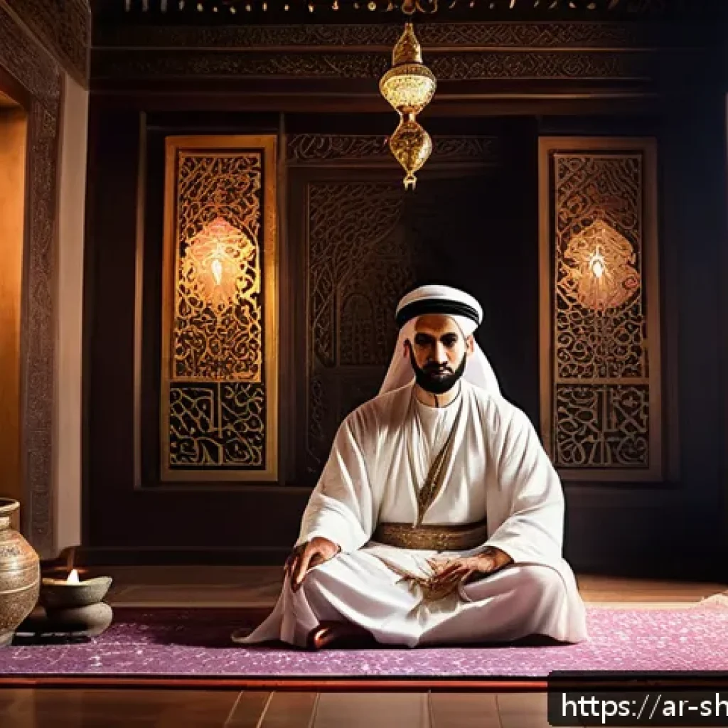 무속을 배우는 방법 - A serene spiritual ritual scene in a warmly lit traditional Middle Eastern room, featuring a person ...