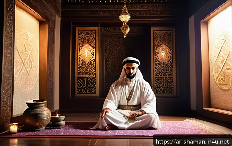 무속을 배우는 방법 - A serene spiritual ritual scene in a warmly lit traditional Middle Eastern room, featuring a person ...