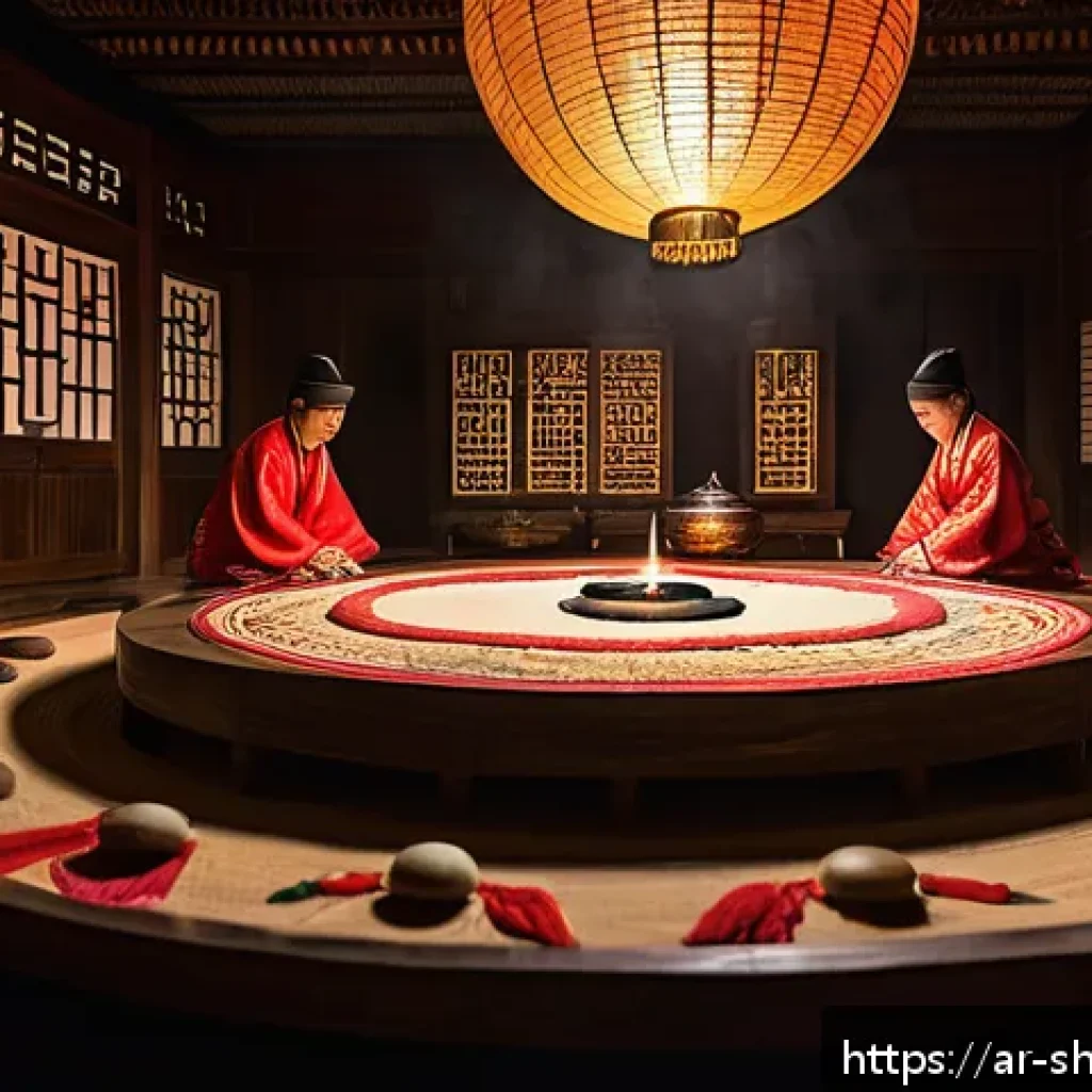 무속과 사주 차이점 - A detailed scene of a traditional Musok ritual in Korea, featuring a skilled practitioner dressed in...