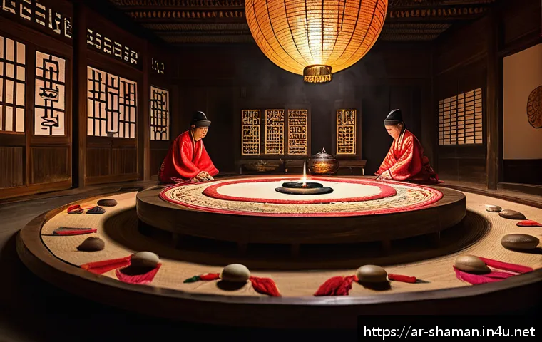 무속과 사주 차이점 - A detailed scene of a traditional Musok ritual in Korea, featuring a skilled practitioner dressed in...