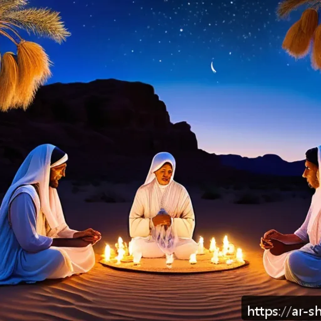 무속 굿 후기 - A serene and mystical Musok ritual scene set in a quiet desert oasis at twilight, featuring a divers...