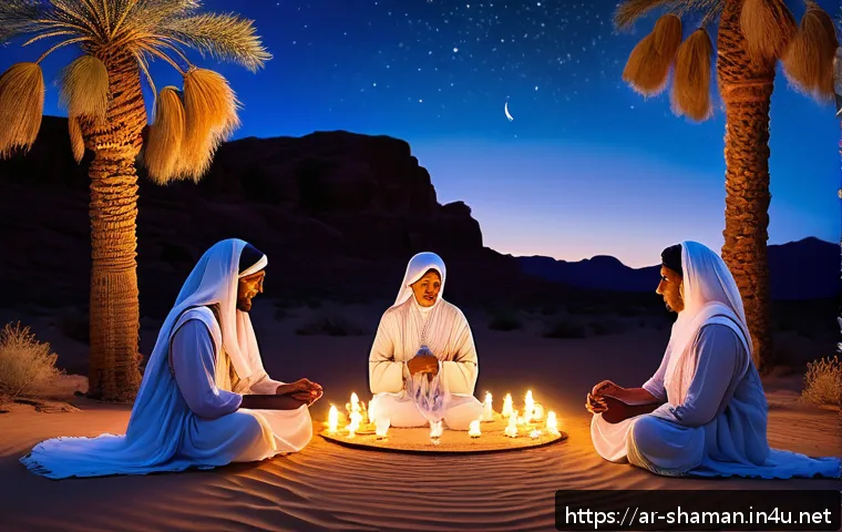무속 굿 후기 - A serene and mystical Musok ritual scene set in a quiet desert oasis at twilight, featuring a divers...