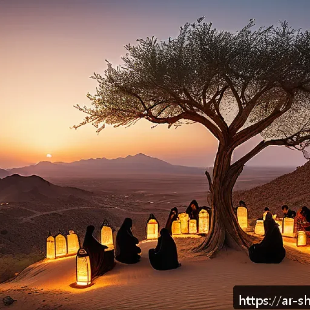 무속 의식에서 환경보호 메시지 - A serene desert mountain village scene during a traditional seasonal ritual honoring a sacred ancien...