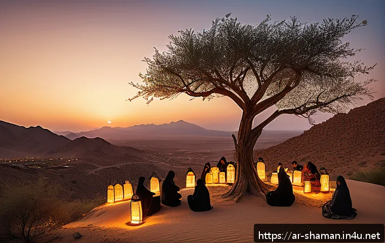 무속 의식에서 환경보호 메시지 - A serene desert mountain village scene during a traditional seasonal ritual honoring a sacred ancien...