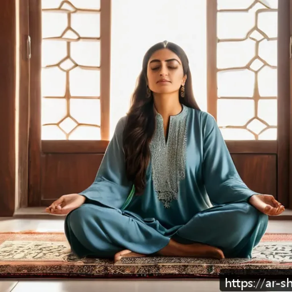 무속과 개인적인 성장 - A serene Middle Eastern woman sitting cross-legged on a traditional Persian rug inside a softly lit ...