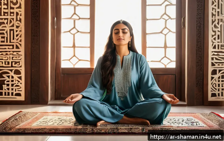 무속과 개인적인 성장 - A serene Middle Eastern woman sitting cross-legged on a traditional Persian rug inside a softly lit ...