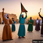 Home 22 무속과 문화유산 - A vibrant traditional celebration in an Arabic village at sunset, showing men and women dressed in c...
