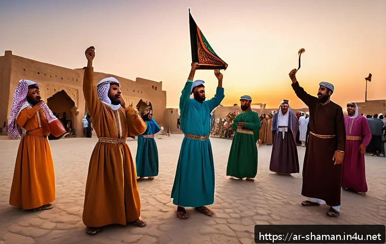 무속과 문화유산 - A vibrant traditional celebration in an Arabic village at sunset, showing men and women dressed in c...