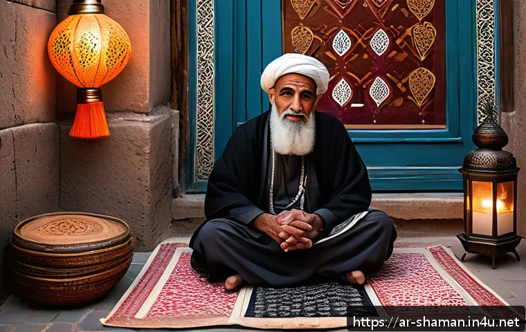 유명 무속인 후기 - A detailed scene of a traditional Middle Eastern street market at dusk, featuring a well-known Arabi...
