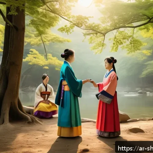 Home 32 무속 신앙과 전통 의식의 공통점 - A serene traditional Korean ritual scene set in a lush forest clearing at dawn, featuring a group of...
