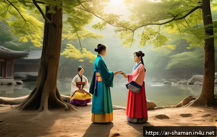 무속 신앙과 전통 의식의 공통점 - A serene traditional Korean ritual scene set in a lush forest clearing at dawn, featuring a group of...