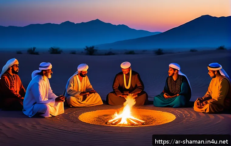 무속인의 굿 참여 후기 - A serene spiritual ritual scene set in a traditional Middle Eastern desert environment during twilig...