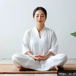 Home 18 무속 관련 인스타그램 계정 - A serene Korean traditional meditation scene featuring a middle-aged Arab woman wearing modest tradi...