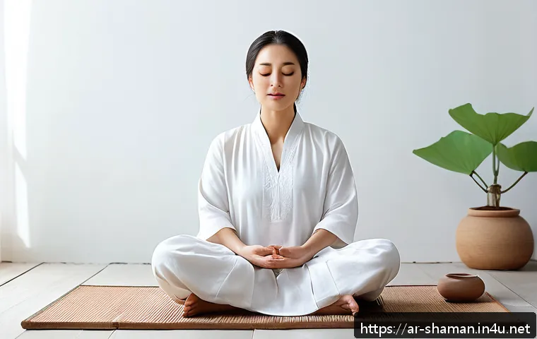 무속 관련 인스타그램 계정 - A serene Korean traditional meditation scene featuring a middle-aged Arab woman wearing modest tradi...