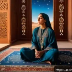 Home 23 무속인과 연예인의 스토리 - A serene Middle Eastern woman wearing modest traditional attire, sitting cross-legged on an ornate P...
