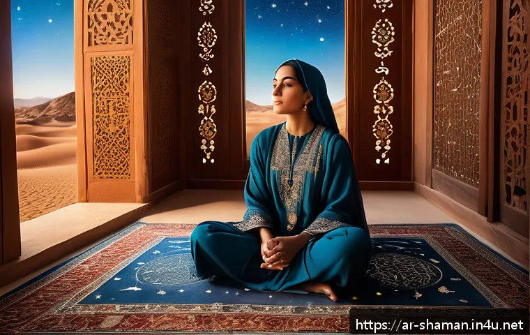 무속인과 연예인의 스토리 - A serene Middle Eastern woman wearing modest traditional attire, sitting cross-legged on an ornate P...