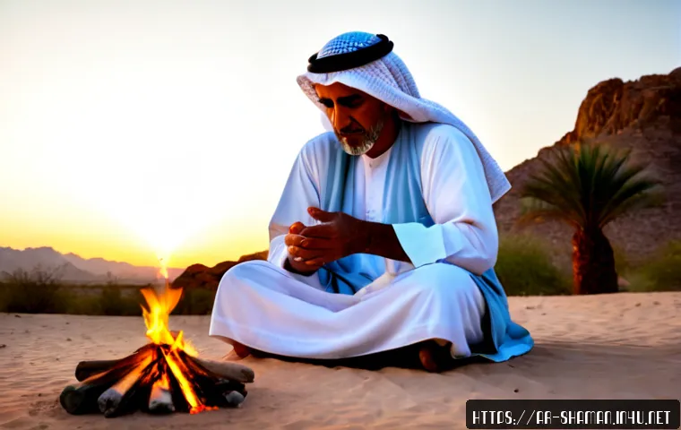 무속 신앙의 철학 - Photorealistic contemplative scene of an Arab folkloric spiritual elder in modest traditional clothi...